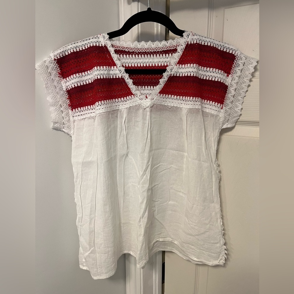 White and Red Crochet Trim Women's Top